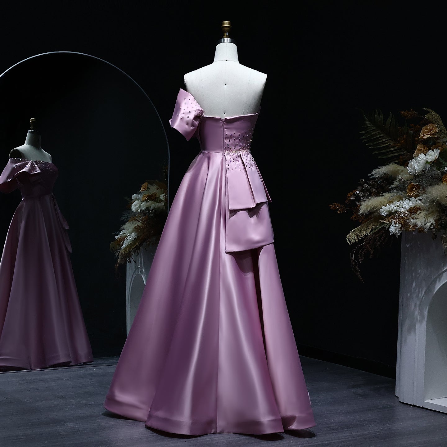 Elegant Crystal Lavender A-Line Pleats Satin Evening Dress SS592
