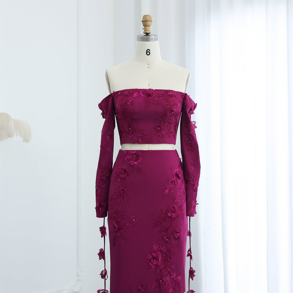 Elegant 3D Flowers Fuchsia Long Sleeves 2 Pieces Evening Dress SF264