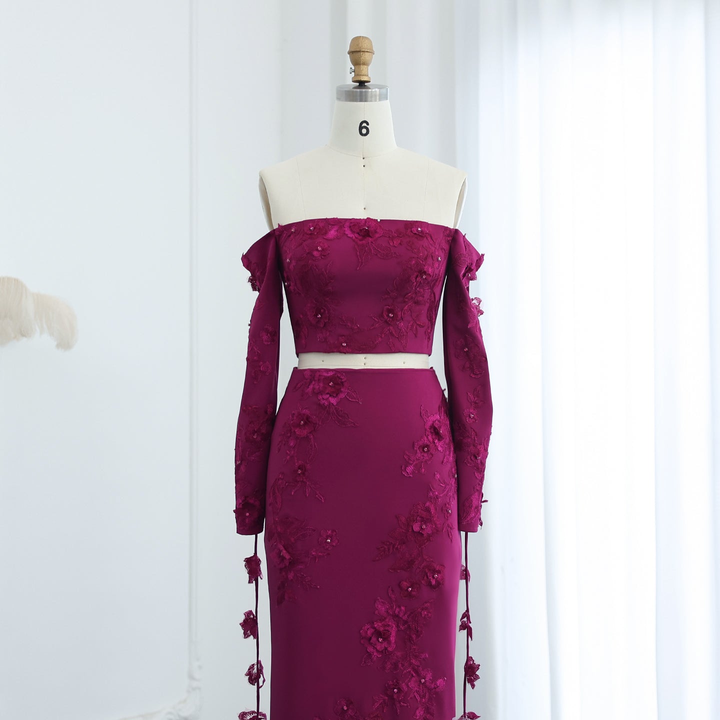 Elegant 3D Flowers Fuchsia Long Sleeves 2 Pieces Evening Dress SF264