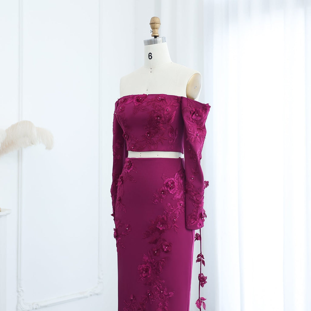 Elegant 3D Flowers Fuchsia Long Sleeves 2 Pieces Evening Dress SF264
