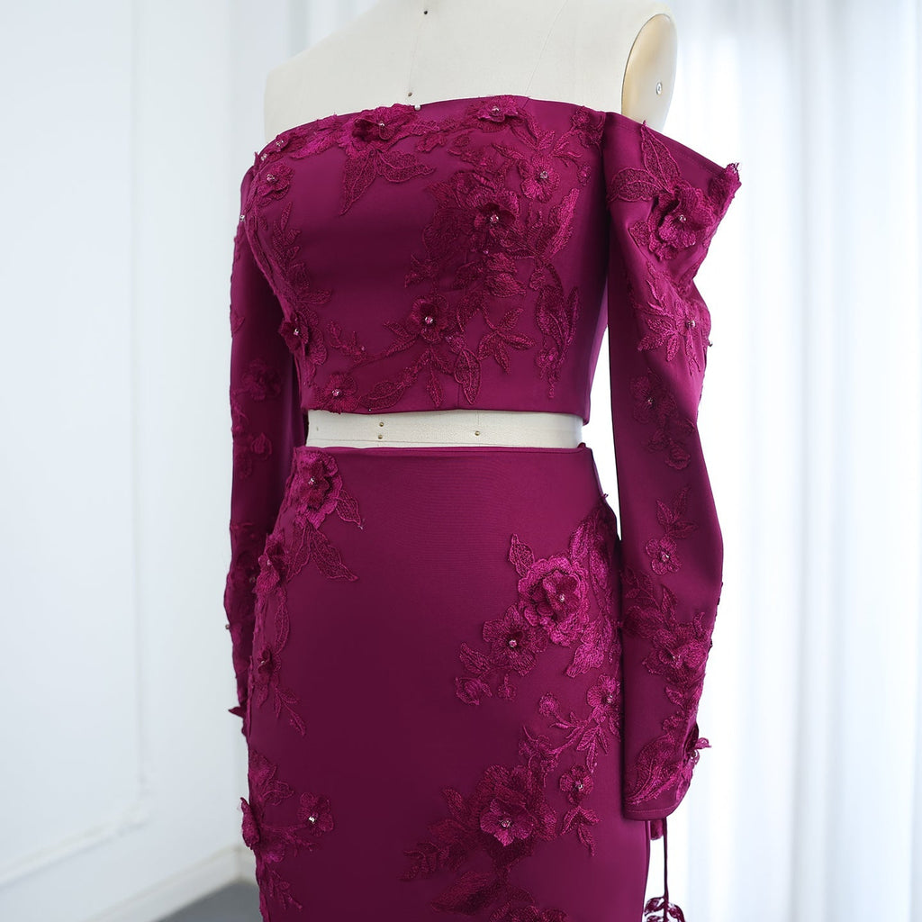 Elegant 3D Flowers Fuchsia Long Sleeves 2 Pieces Evening Dress SF264