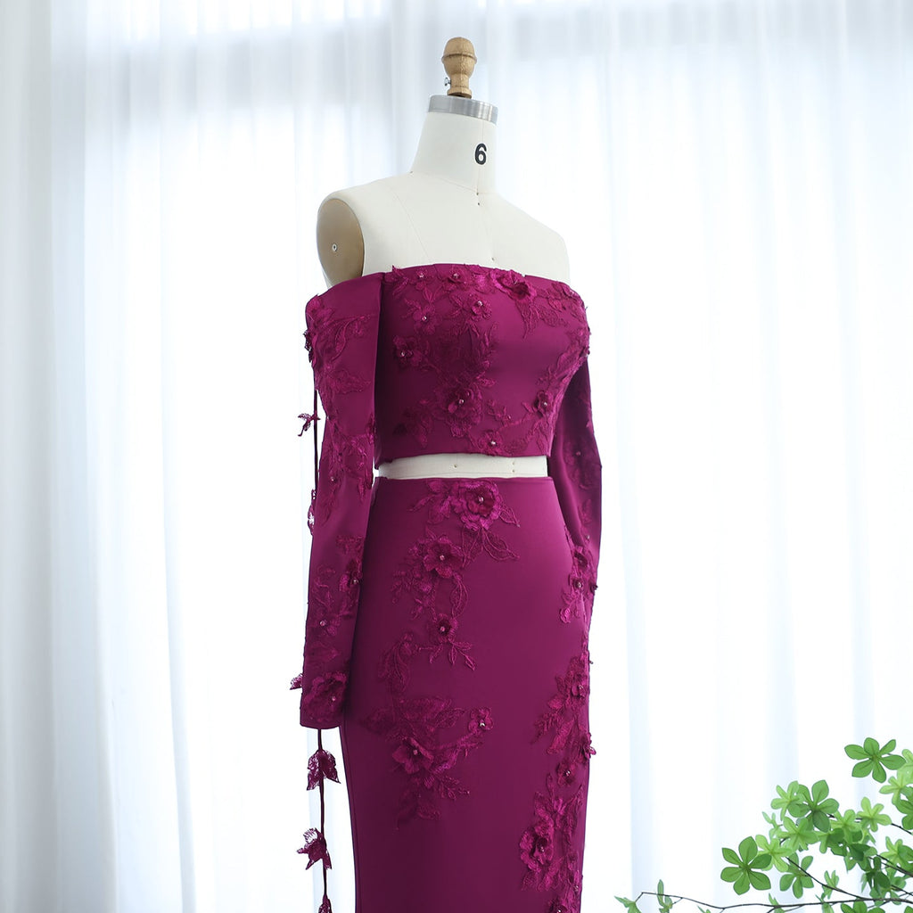 Elegant 3D Flowers Fuchsia Long Sleeves 2 Pieces Evening Dress SF264