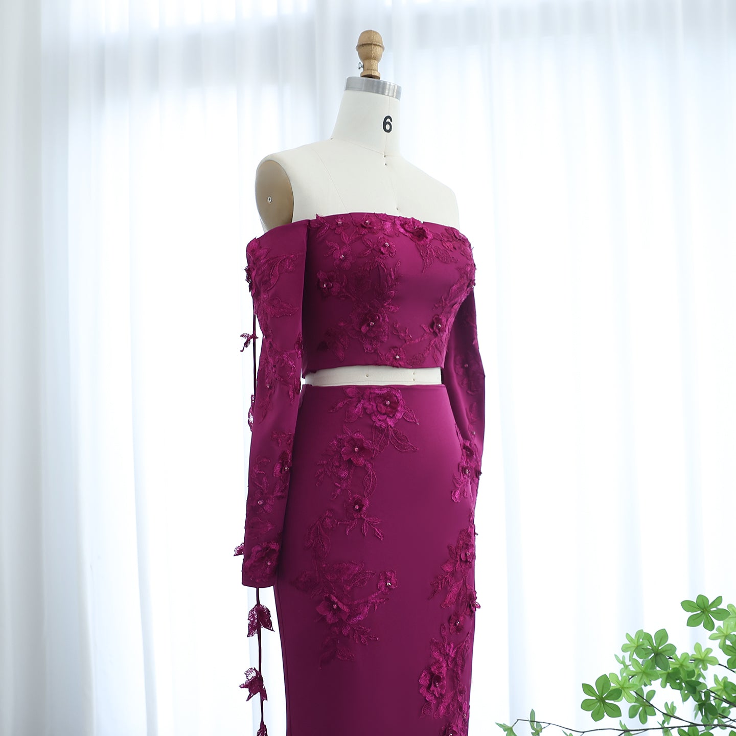 Elegant 3D Flowers Fuchsia Long Sleeves 2 Pieces Evening Dress SF264