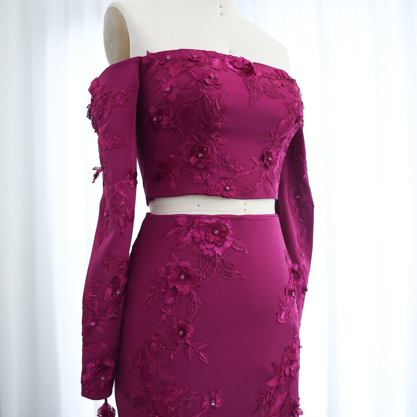 Elegant 3D Flowers Fuchsia Long Sleeves 2 Pieces Evening Dress SF264