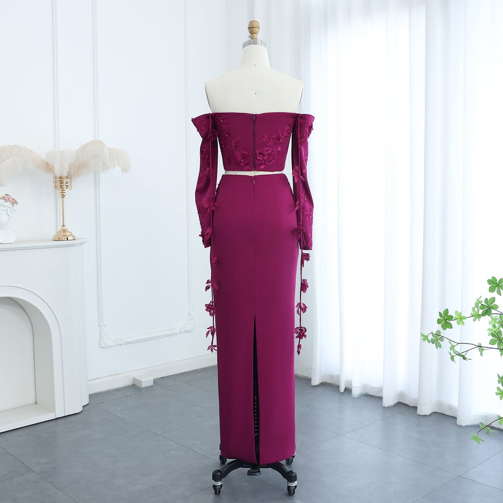 Elegant 3D Flowers Fuchsia Long Sleeves 2 Pieces Evening Dress SF264