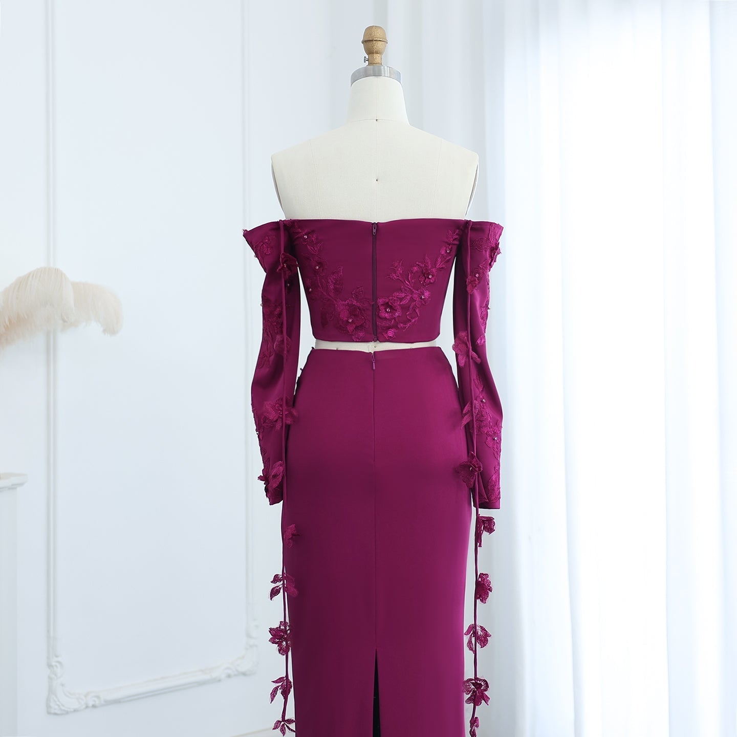 Elegant 3D Flowers Fuchsia Long Sleeves 2 Pieces Evening Dress SF264