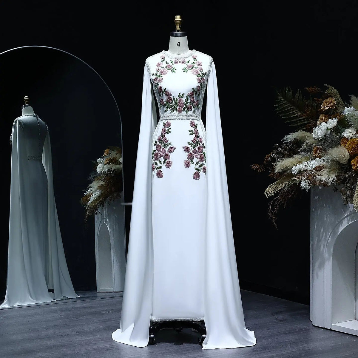 Luxury Embroidered Black Evening Dress with Cape Sleeves SS487