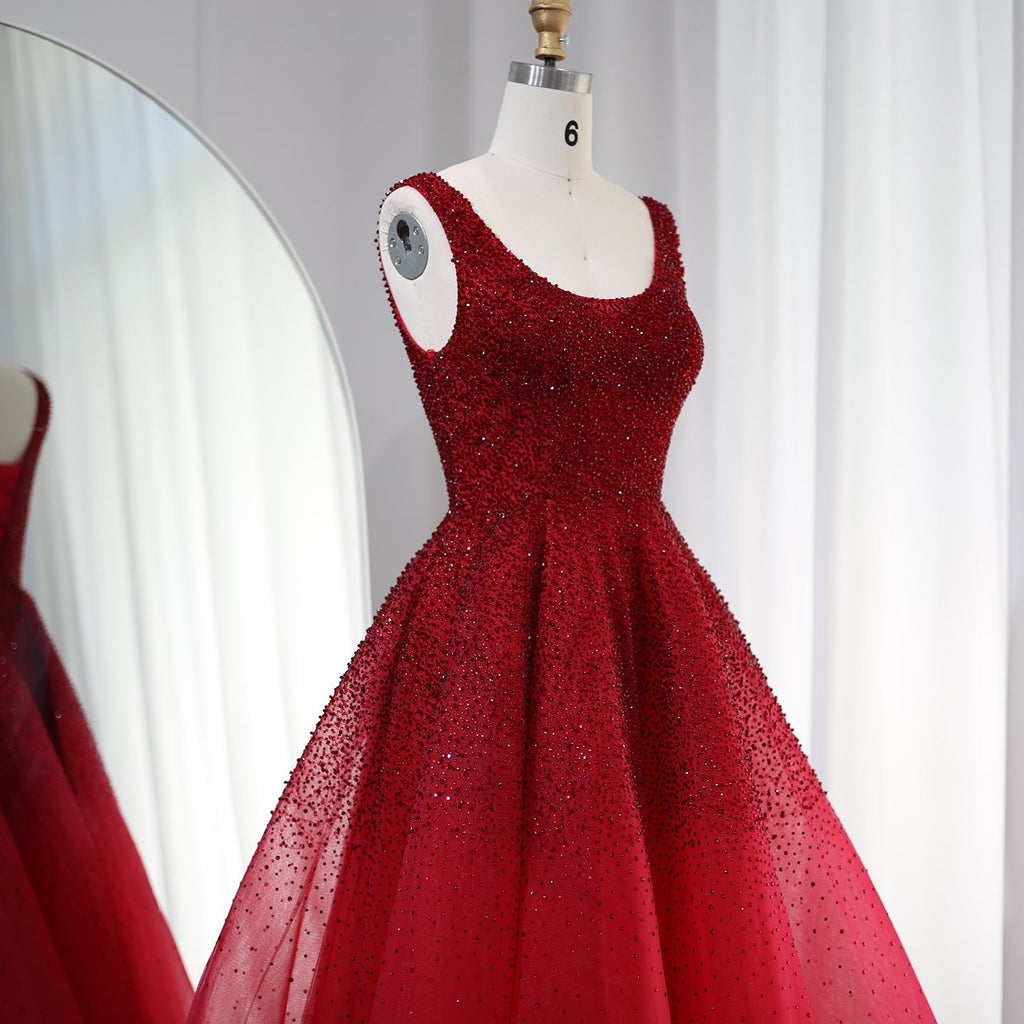 Sparkly Crystal Burgundy A-Line Scoop Neck Evening Dresses SS208