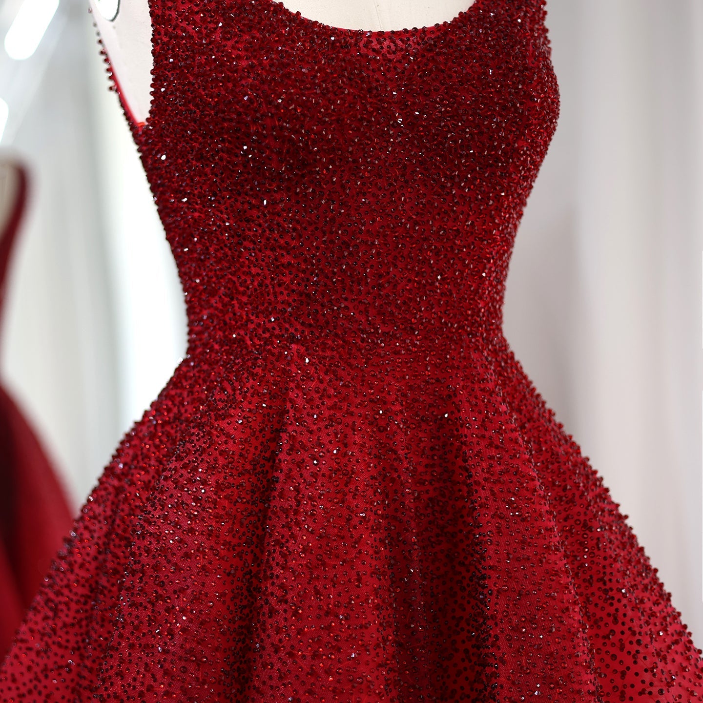 Sparkly Crystal Burgundy A-Line Scoop Neck Evening Dresses SS208