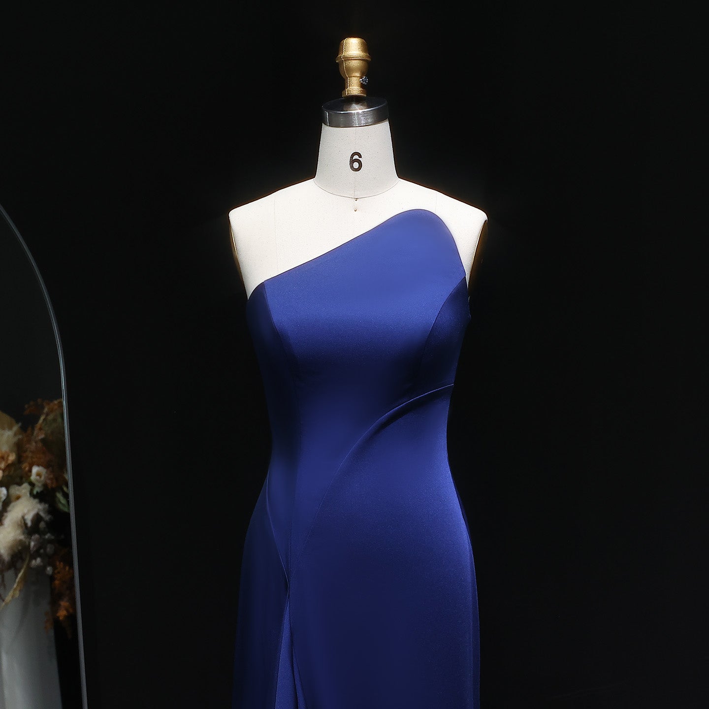 Elegant Navy Blue One Shoulder Form Evening Dress with Pleats SF214