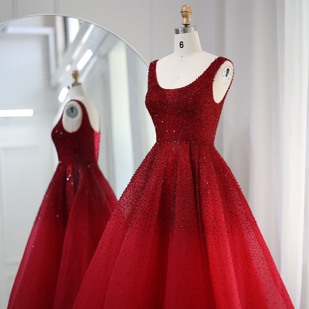Sparkly Crystal Burgundy A-Line Scoop Neck Evening Dresses SS208