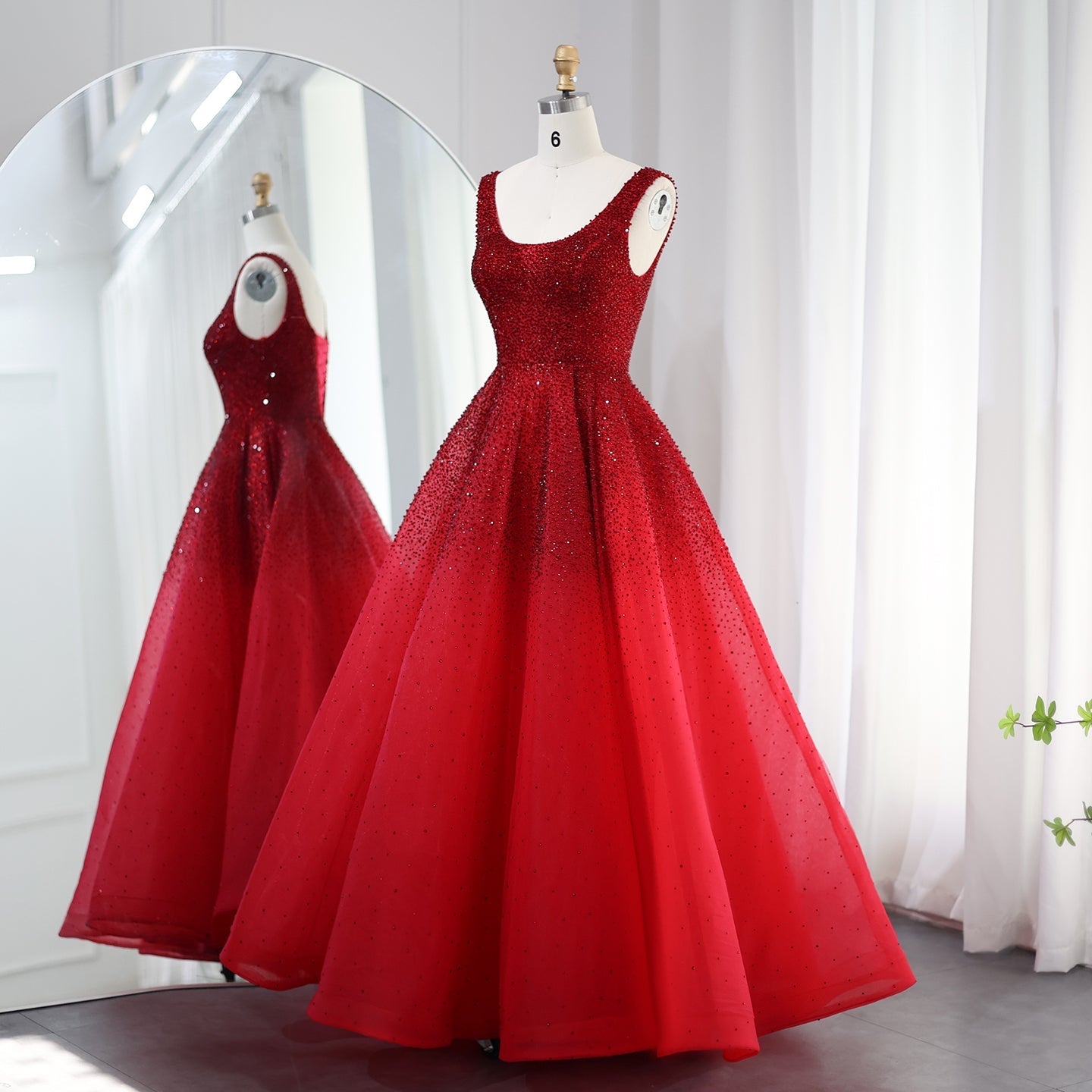 Sparkly Crystal Burgundy A-Line Scoop Neck Evening Dresses SS208