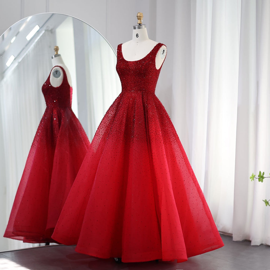 Sparkly Crystal Burgundy A-Line Scoop Neck Evening Dresses SS208