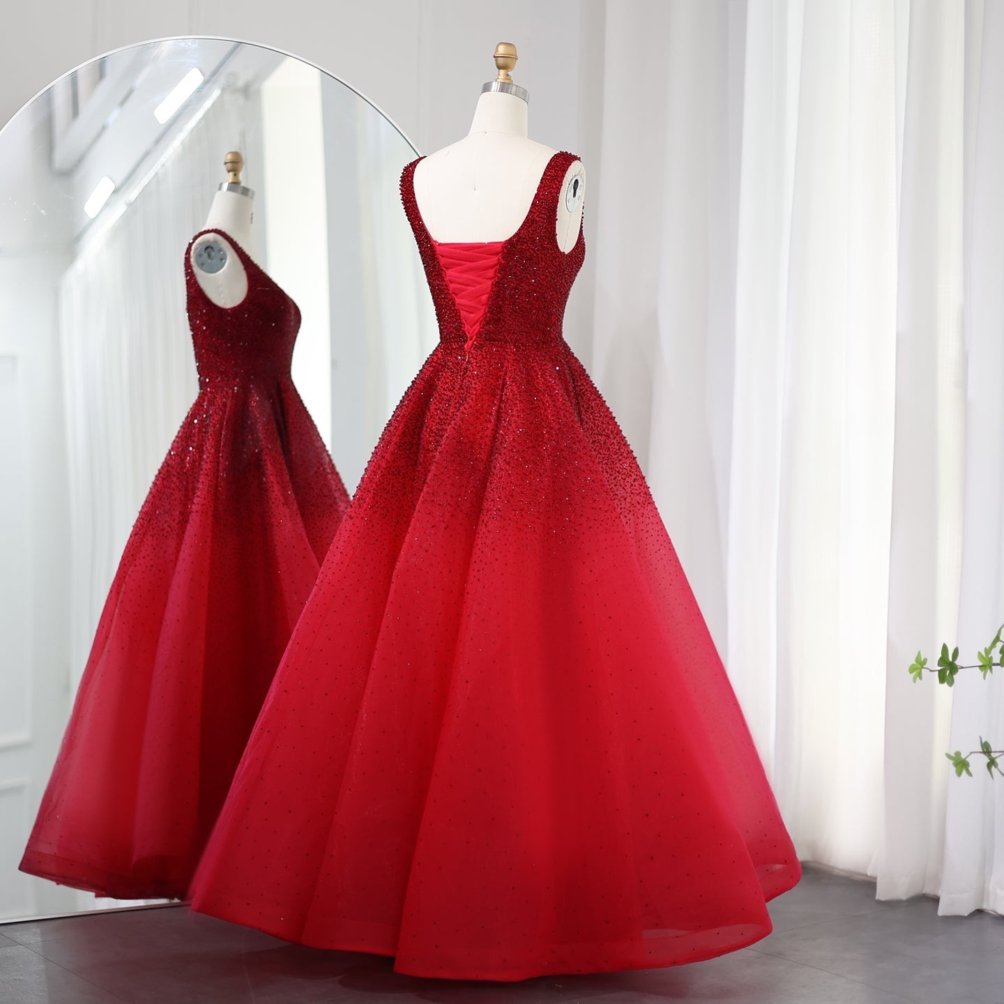 Sparkly Crystal Burgundy A-Line Scoop Neck Evening Dresses SS208