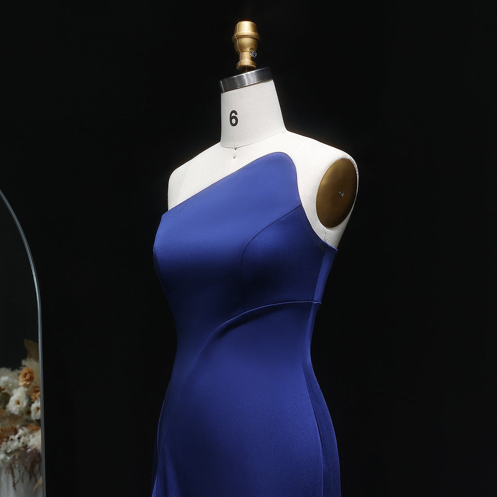 Elegant Navy Blue One Shoulder Form Evening Dress with Pleats SF214