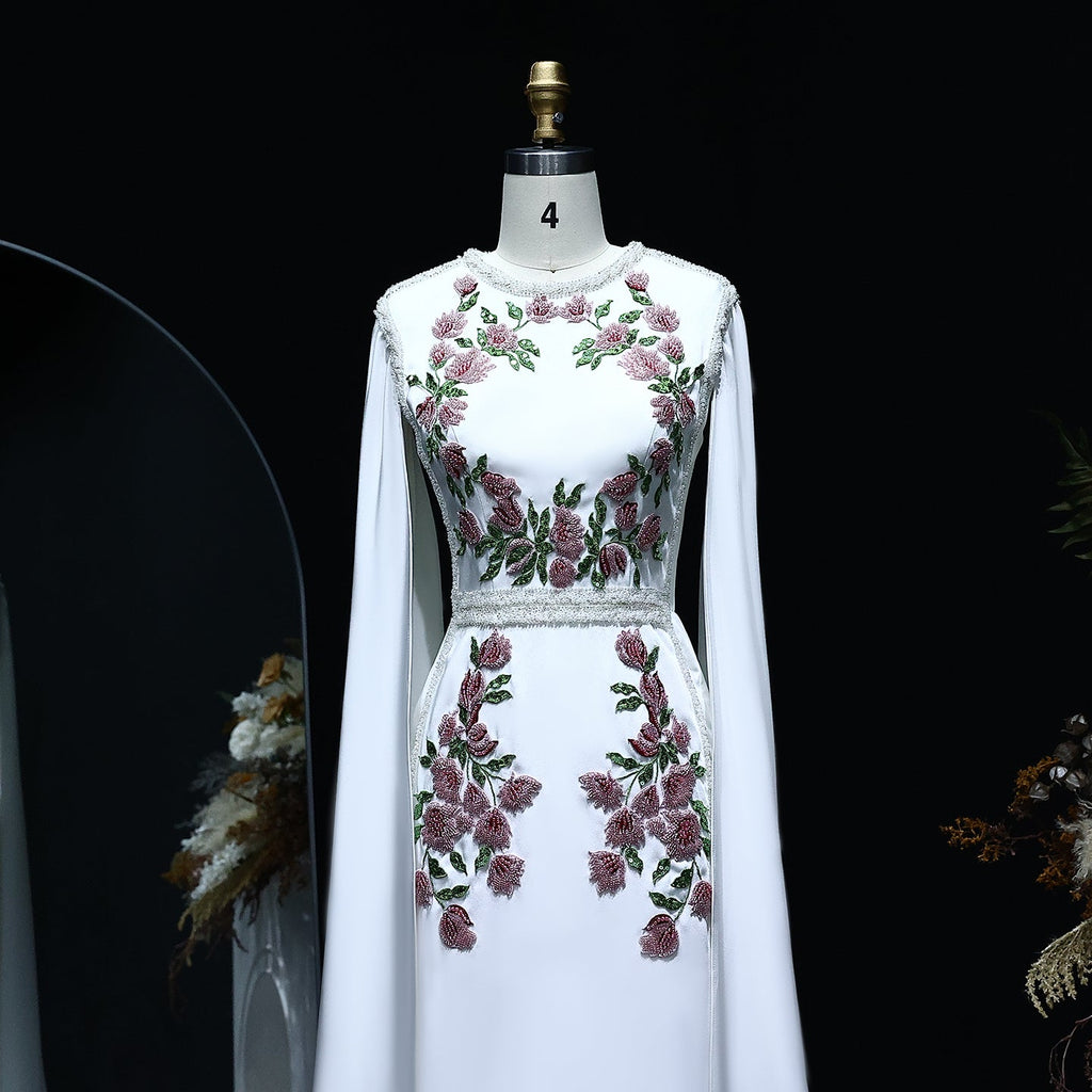 Luxury Embroider Pearls Black Evening Dress with Cape Sleeves SS487