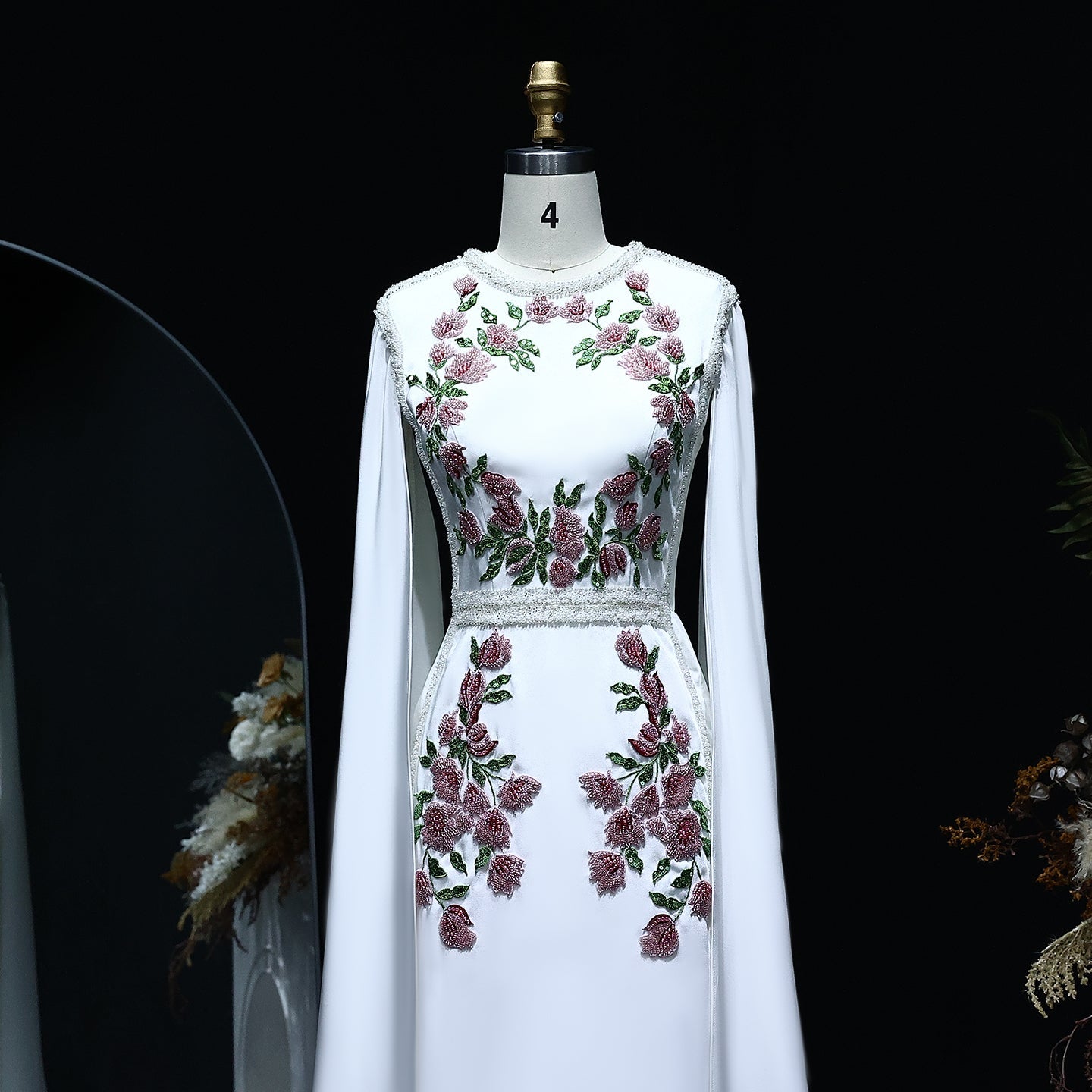 Luxury Embroider Pearls Black Evening Dress with Cape Sleeves SS487