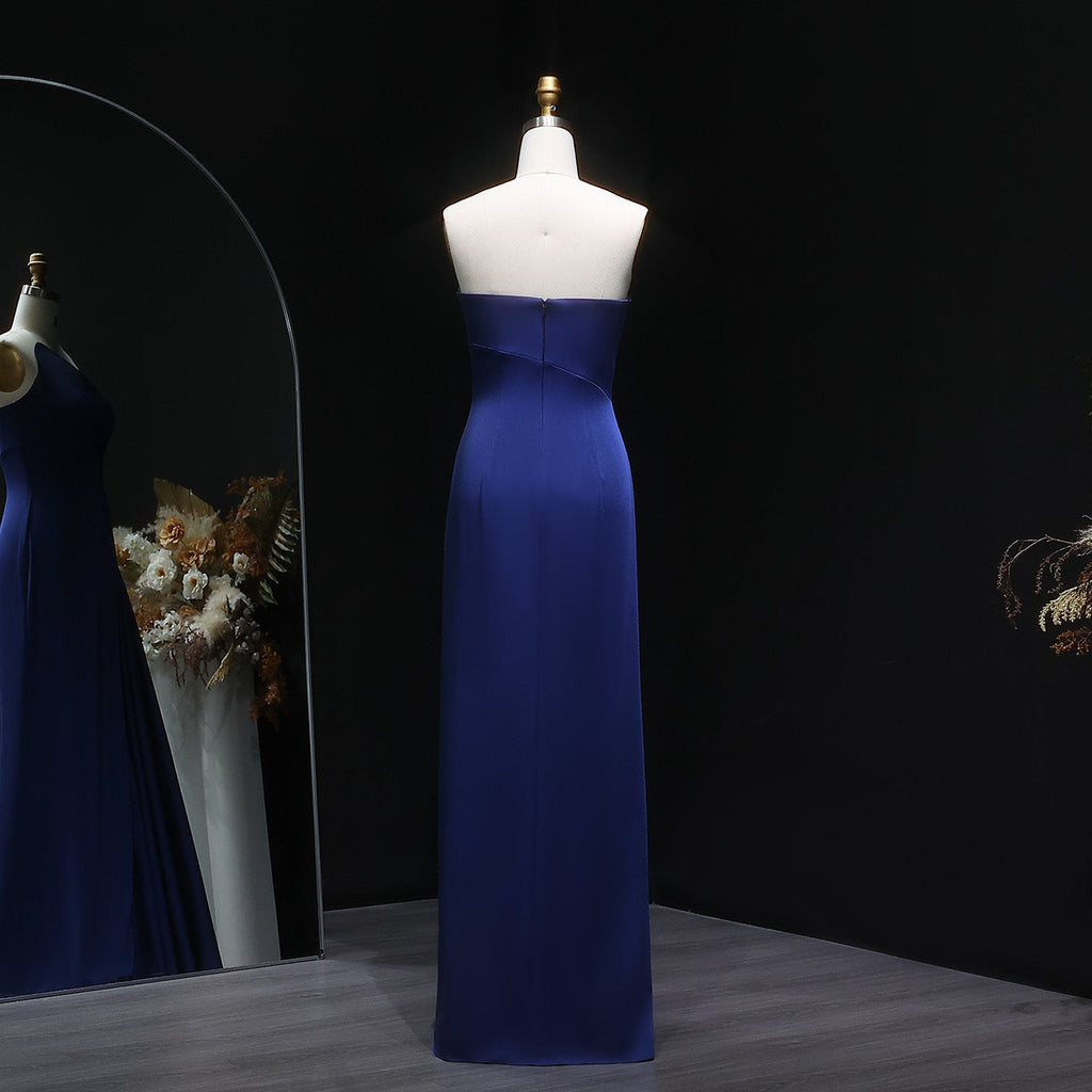Elegant Navy Blue One Shoulder Form Evening Dress with Pleats SF214