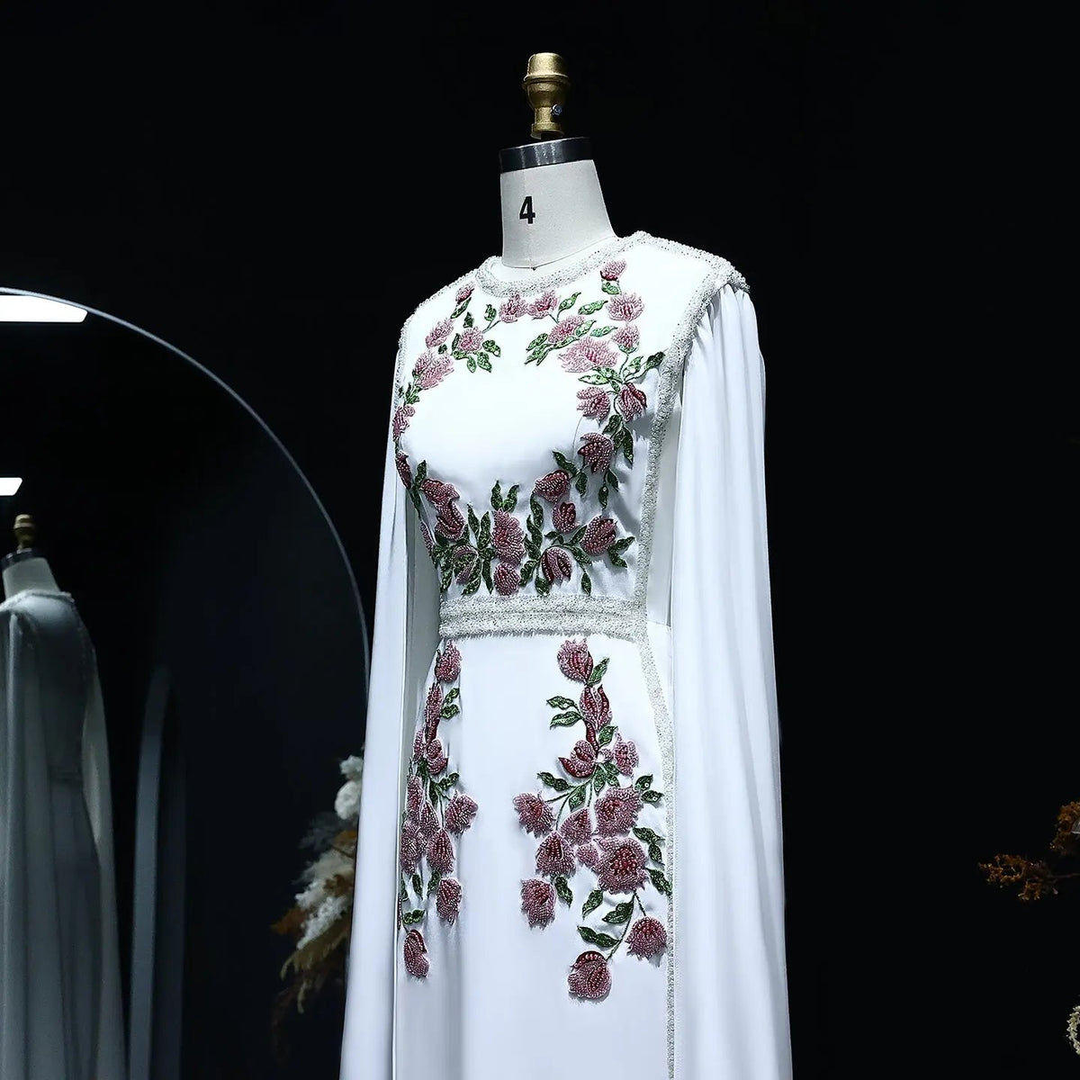 Luxury Embroidered Black Evening Dress with Cape Sleeves SS487