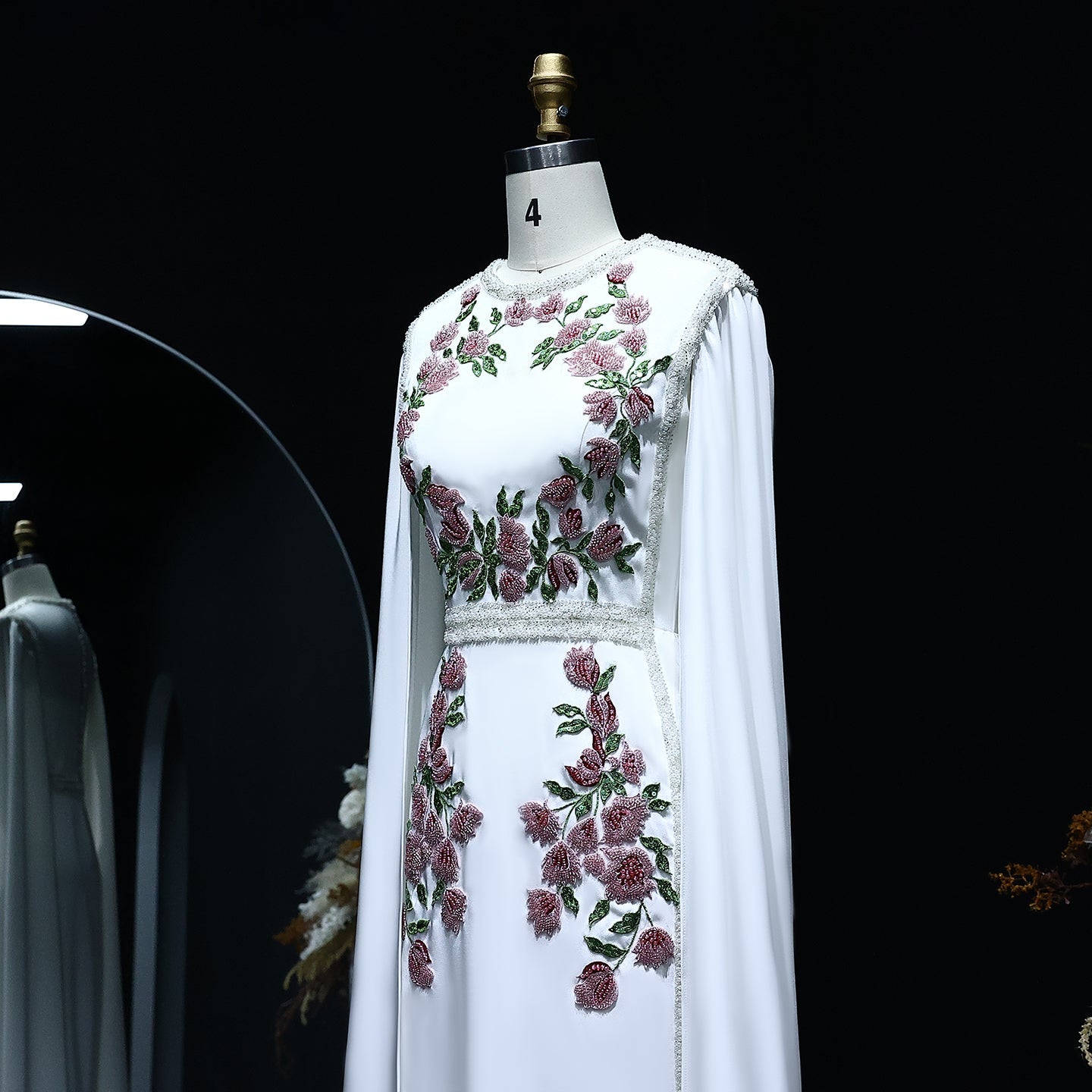 Luxury Embroider Pearls Black Evening Dress with Cape Sleeves SS487