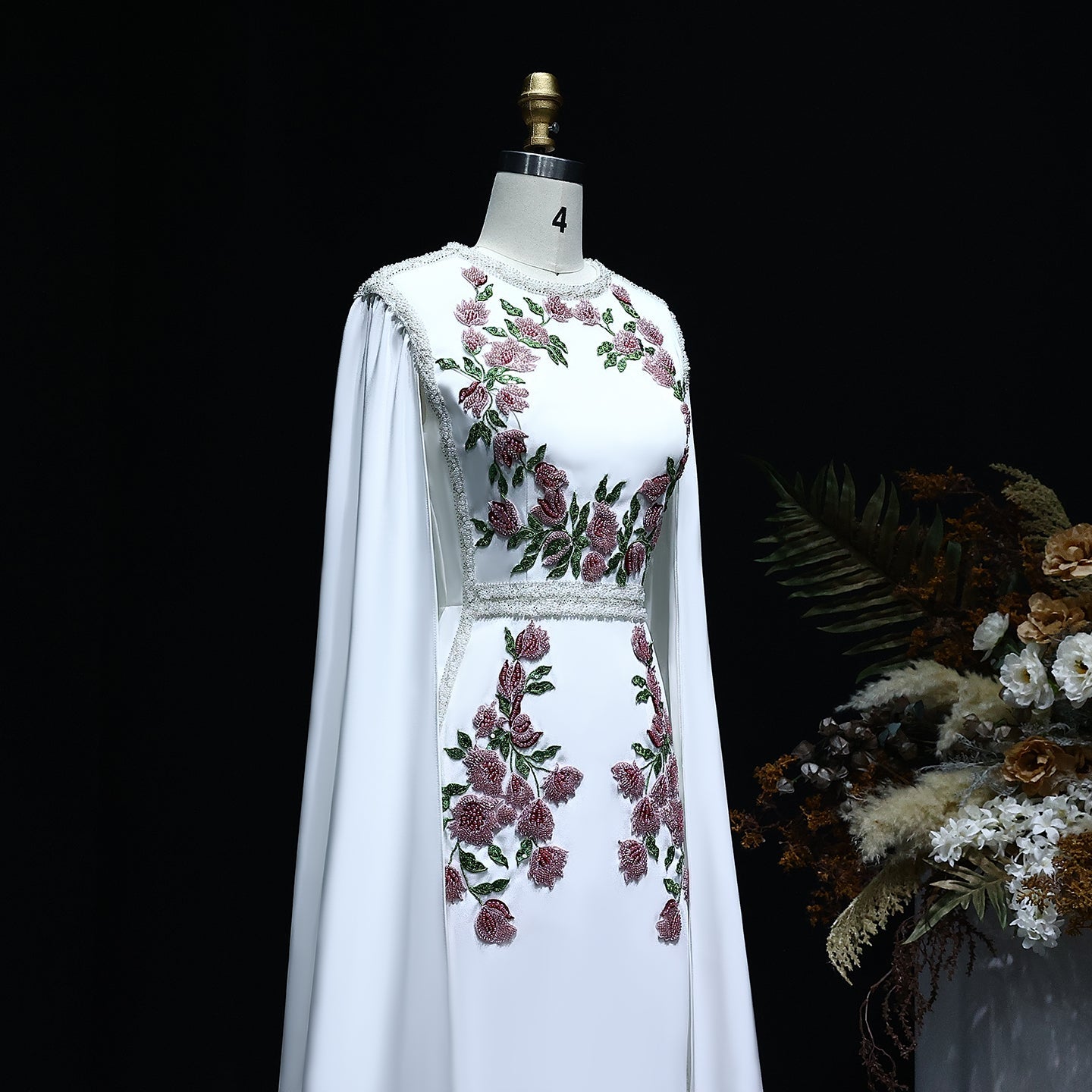 Luxury Embroider Pearls Black Evening Dress with Cape Sleeves SS487