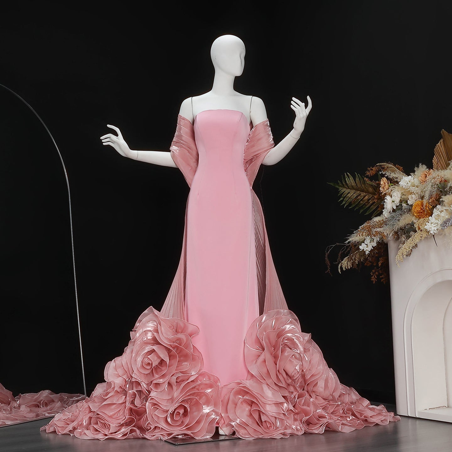 Luxury Strapless Pink Evening Dress with 3D Floral Overskirt SF485