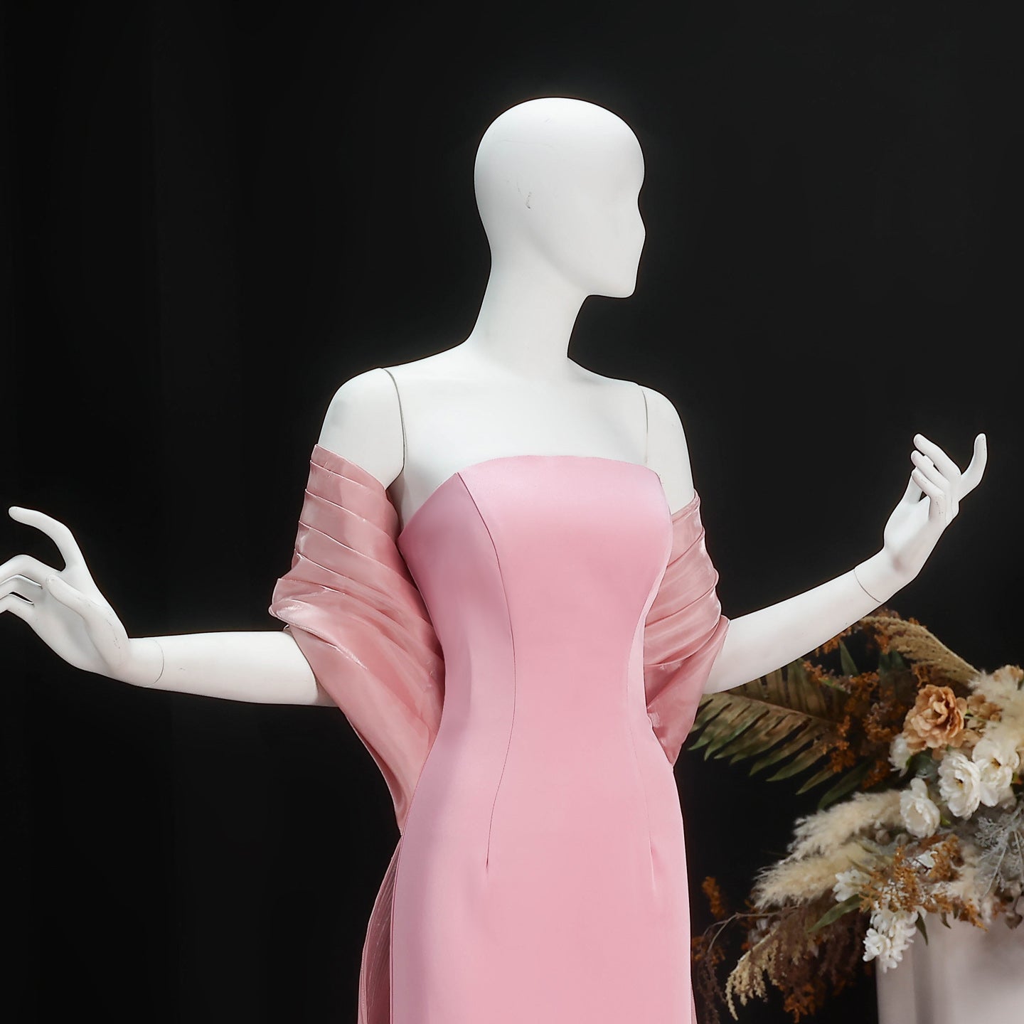 Luxury Strapless Pink Evening Dress with 3D Floral Overskirt SF485