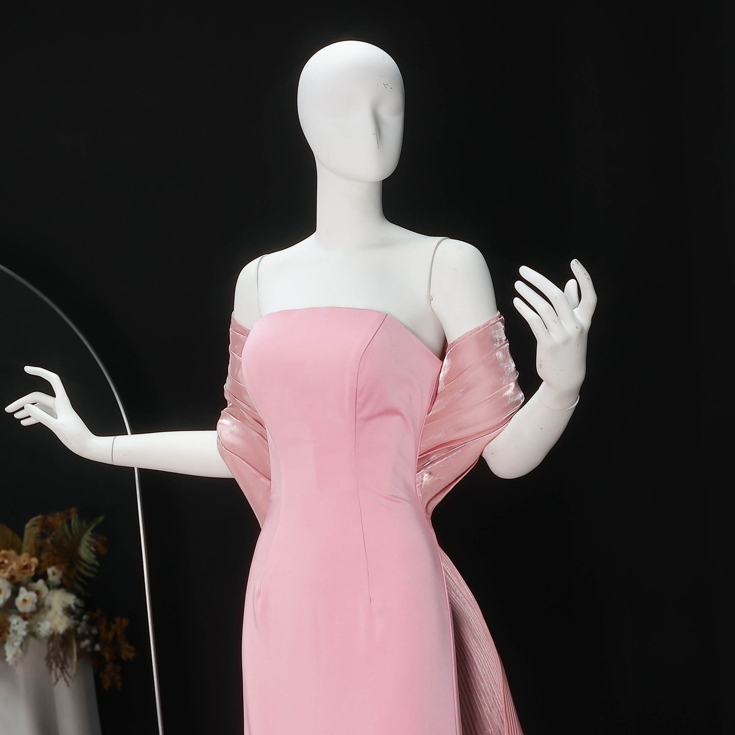 Luxury Strapless Pink Evening Dress with 3D Floral Overskirt SF485
