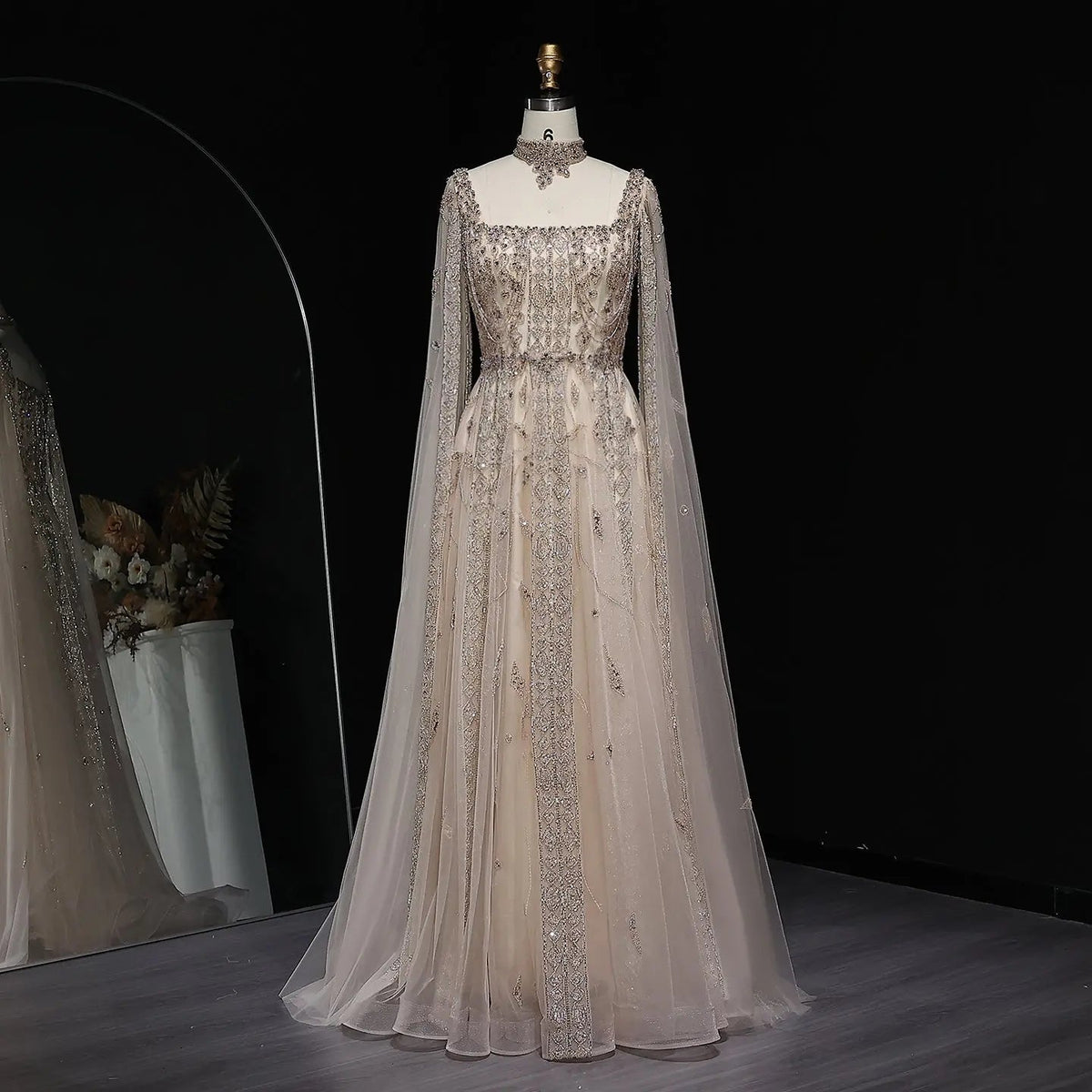 Luxury Nude Evening Dress with Cape Sleeves Chocker SS543