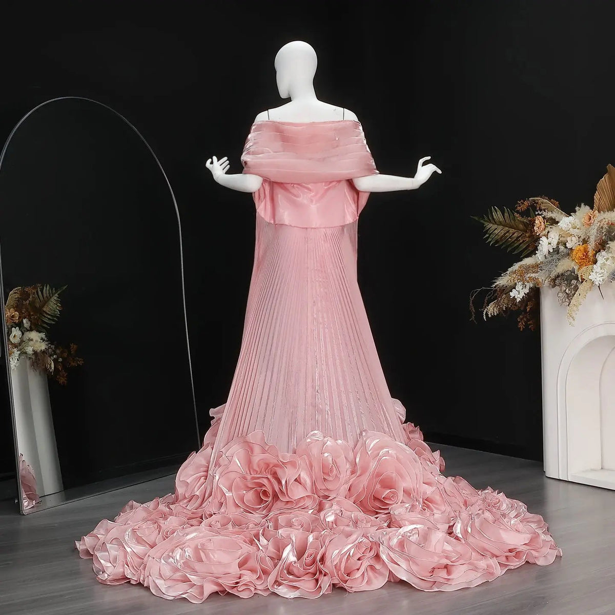 Luxury Strapless Pink Evening Dress with 3D Floral Overskirt SF485