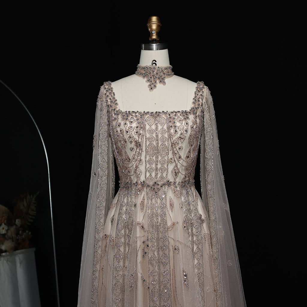 Luxury Beaded Burgundy Evening Dress with Cape Sleeve SS543