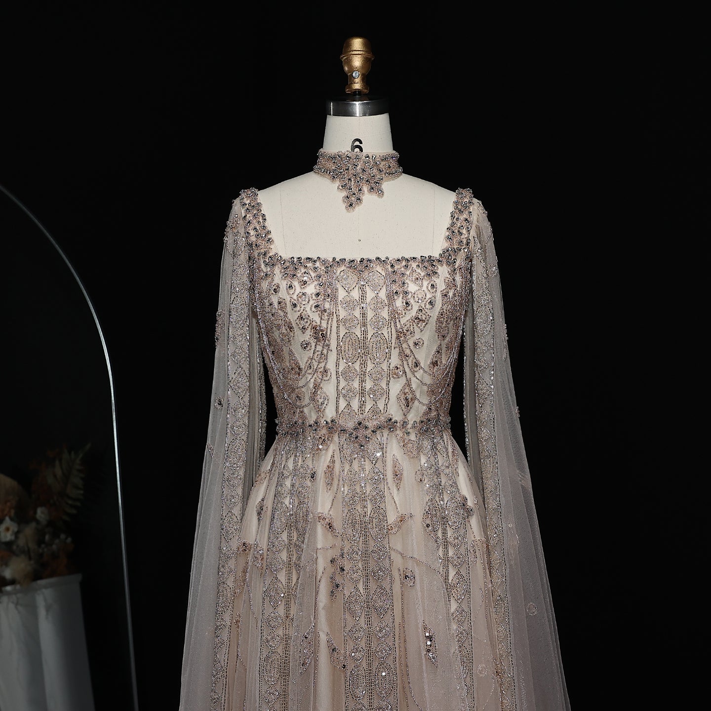 Luxury Beaded Burgundy Evening Dress with Cape Sleeve SS543