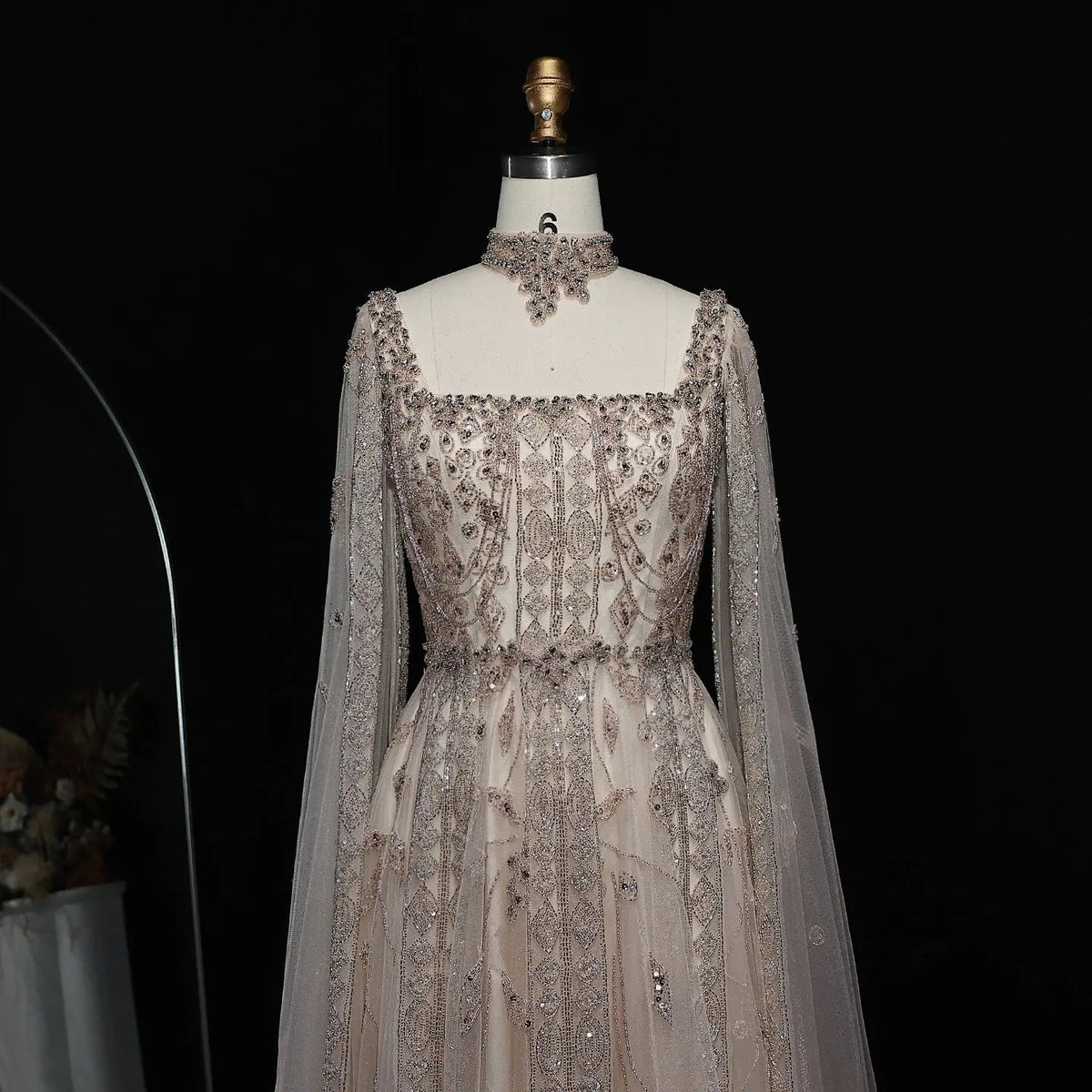 Luxury Nude Evening Dress with Cape Sleeves Chocker SS543