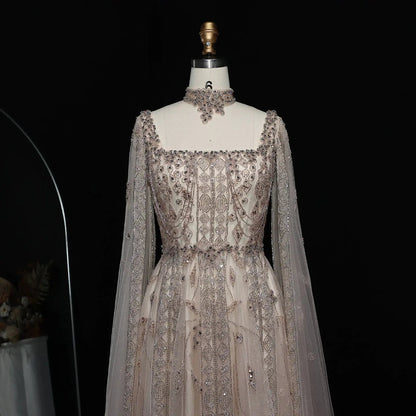 Luxury Nude Evening Dress with Cape Sleeves Chocker SS543