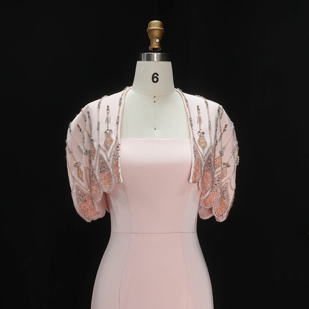 Luxury Pink Strapless Evening Dress with Beaded Capelet SS302