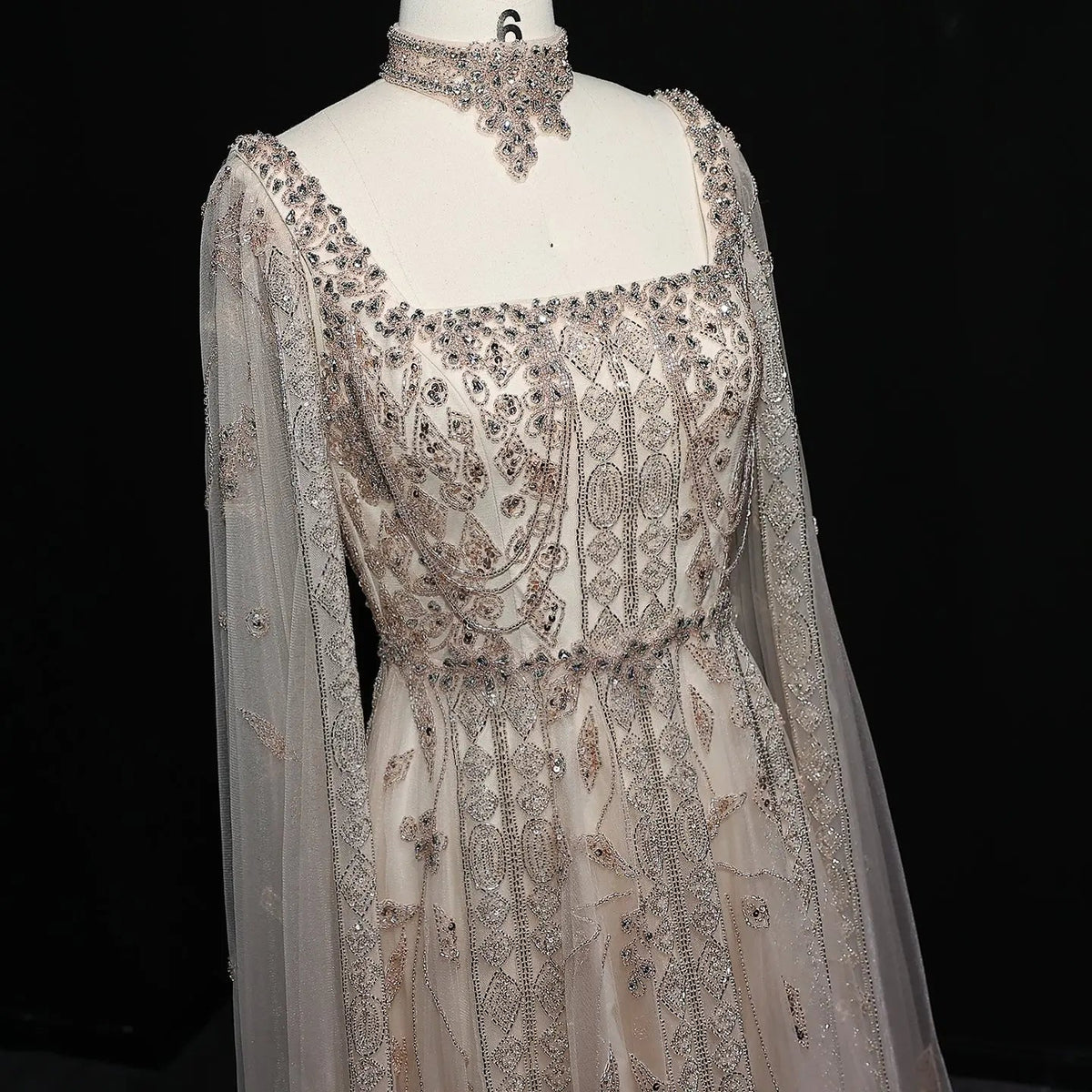 Luxury Nude Evening Dress with Cape Sleeves Chocker SS543