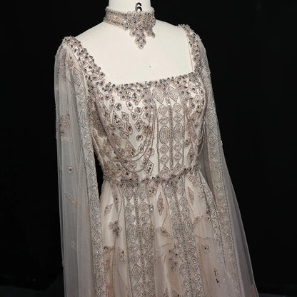 Luxury Nude Evening Dress with Cape Sleeves Chocker SS543