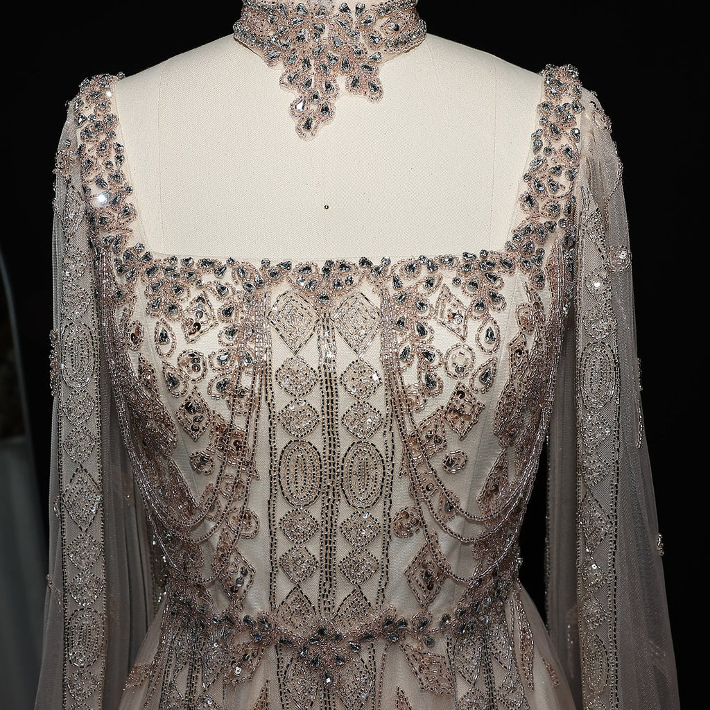 Luxury Beaded Burgundy Evening Dress with Cape Sleeve SS543