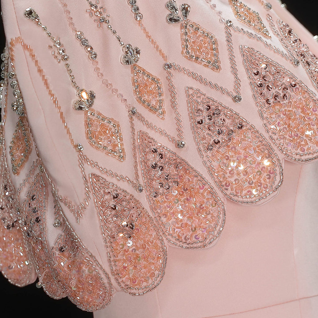 Luxury Pink Strapless Evening Dress with Beaded Capelet SS302