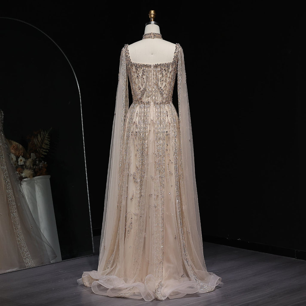 Luxury Beaded Burgundy Evening Dress with Cape Sleeve SS543
