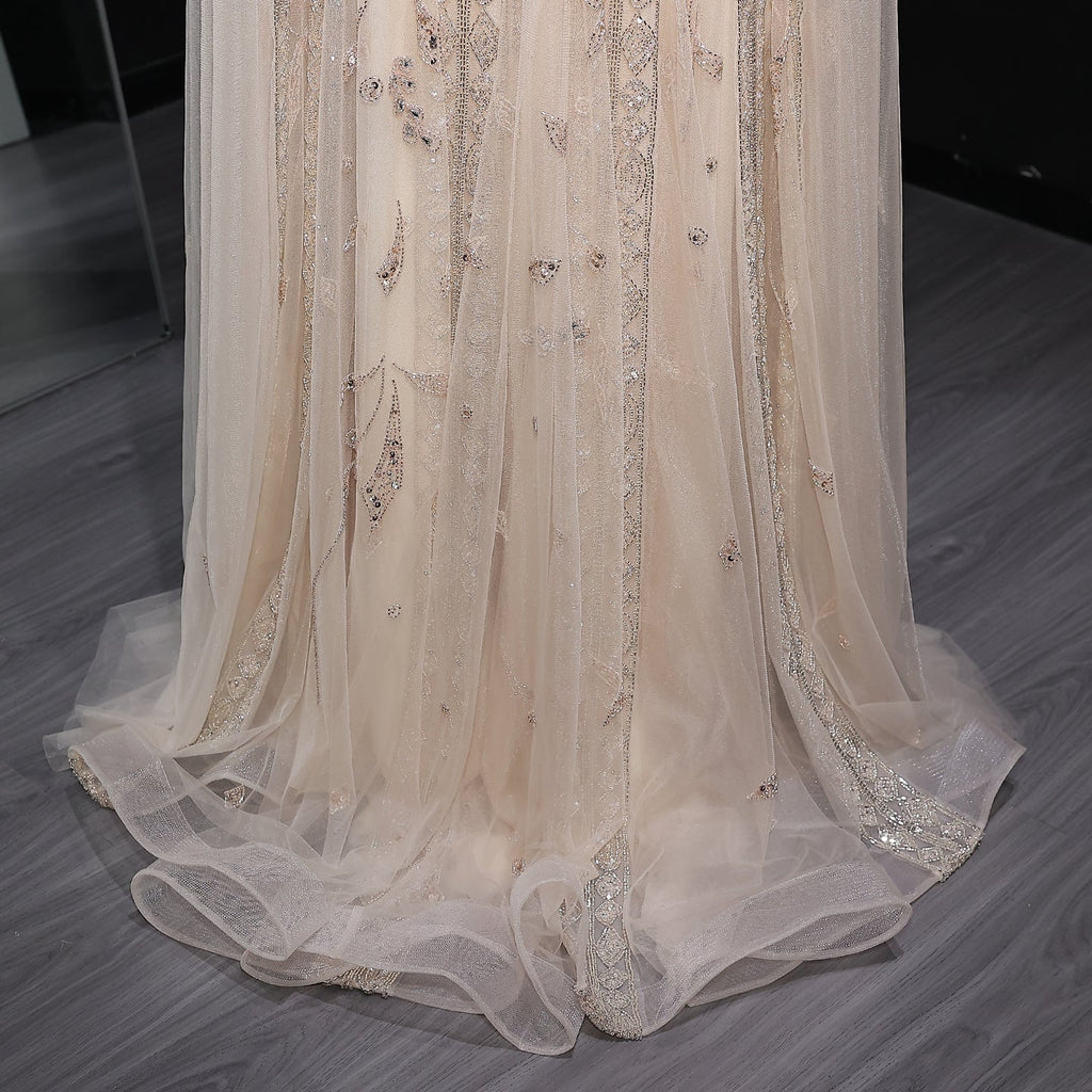 Luxury Beaded Burgundy Evening Dress with Cape Sleeve SS543