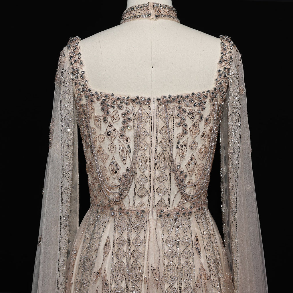 Luxury Beaded Burgundy Evening Dress with Cape Sleeve SS543
