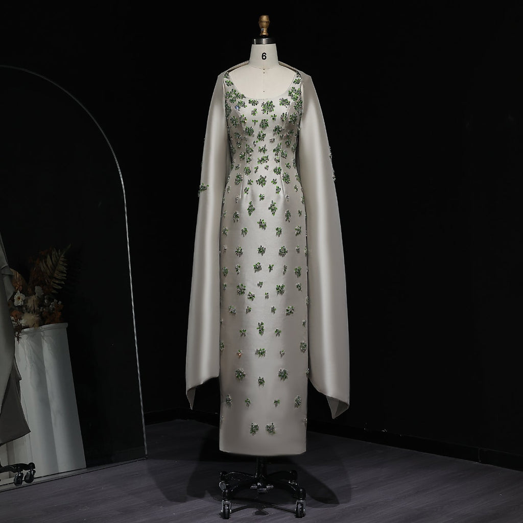 Luxury Beaded Sage Green Evening Dress with Cape SS536