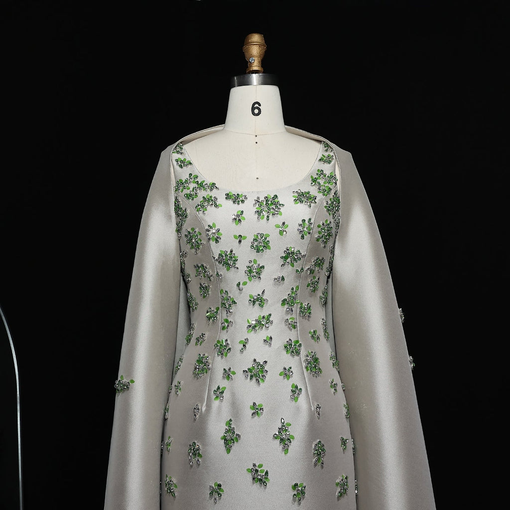 Luxury Beaded Sage Green Evening Dress with Cape SS536