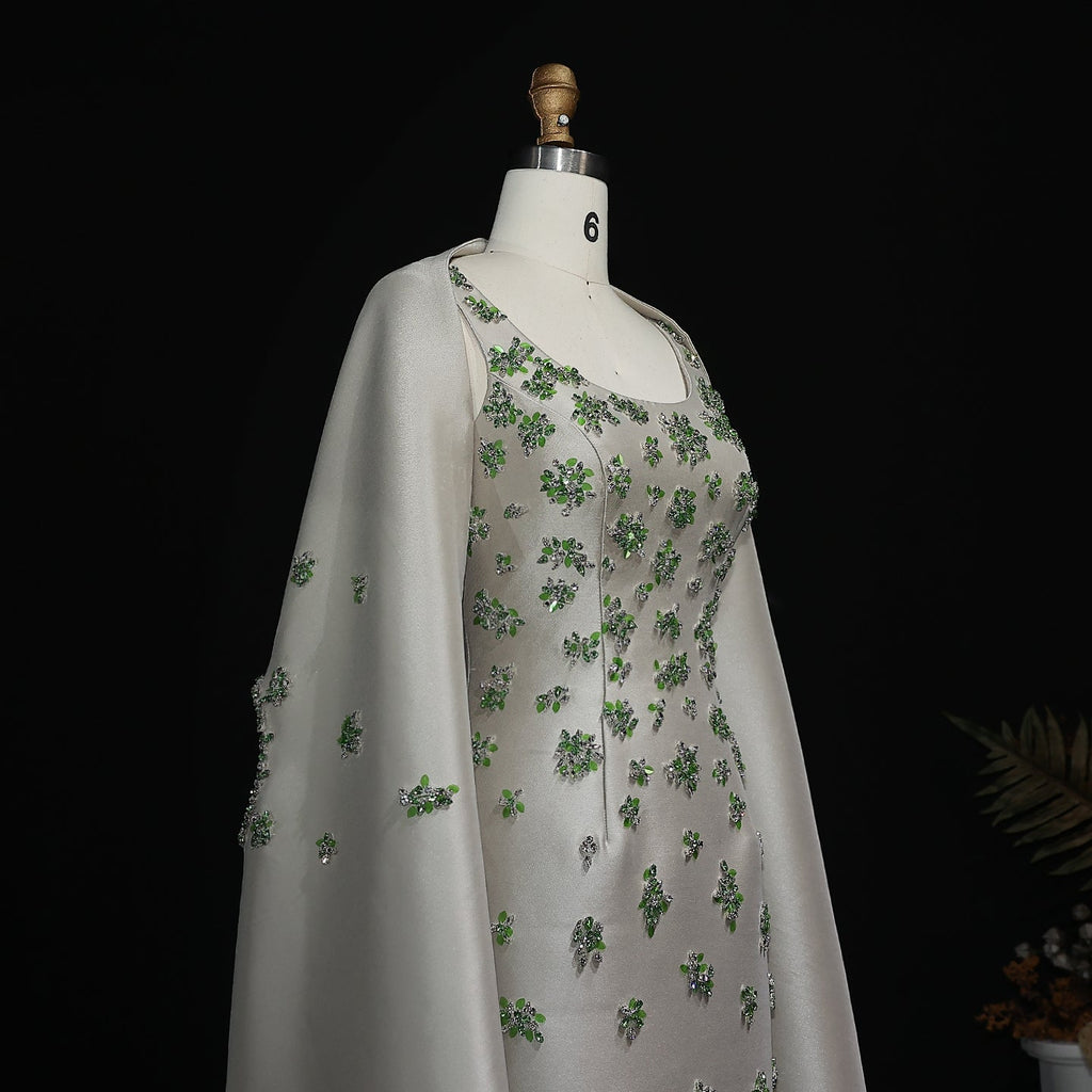 Luxury Beaded Sage Green Evening Dress with Cape SS536
