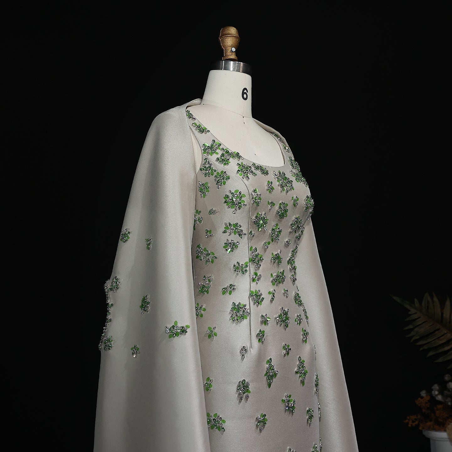 Luxury Beaded Sage Green Evening Dress with Cape SS536