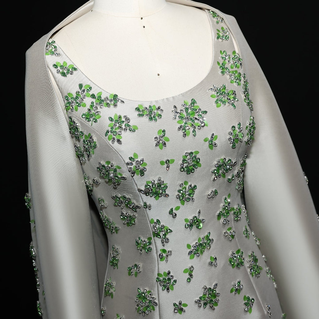 Luxury Beaded Sage Green Evening Dress with Cape SS536