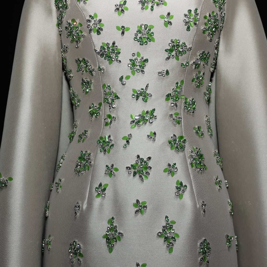 Luxury Beaded Sage Green Evening Dress with Cape SS536
