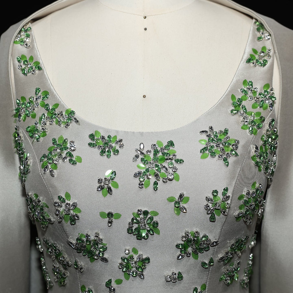 Luxury Beaded Sage Green Evening Dress with Cape SS536