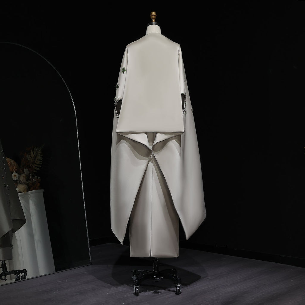 Luxury Beaded Sage Green Evening Dress with Cape SS536